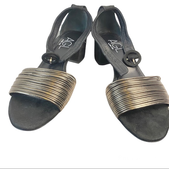 AGL Ankle Sandals Black Suede Heels and Bronze Front Straps Made in Italy - Picture 3 of 8